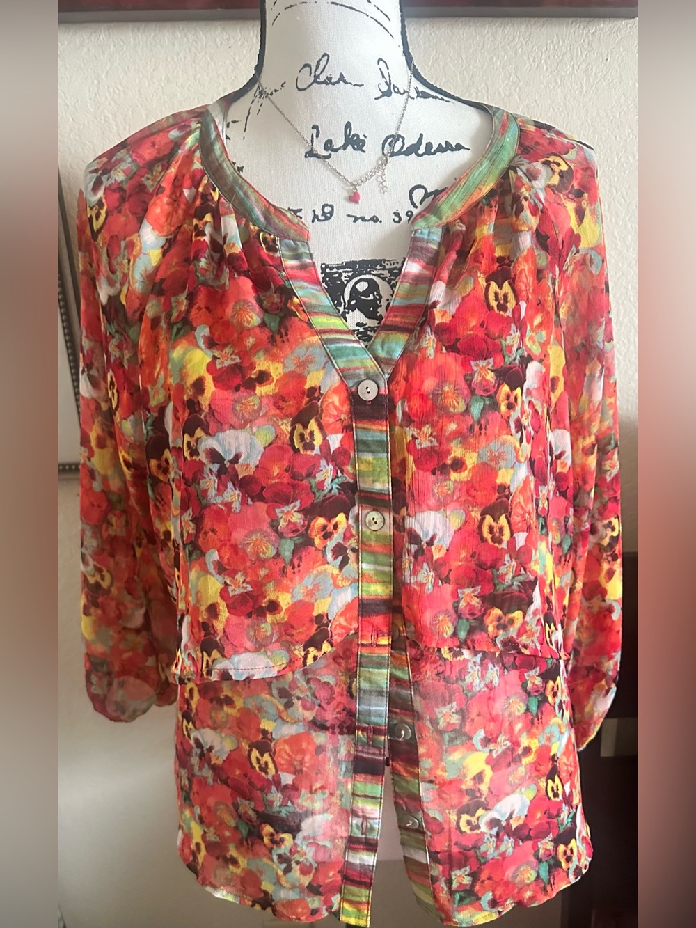 fig and flower Multicolor Floral Button-Down Top with Red Base